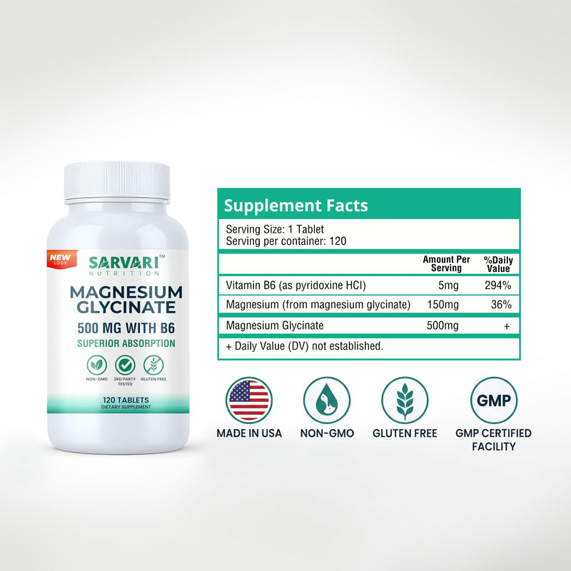 Magnesium Glycinate Supplement 500mg |120 Vegetarian Tablets, Added Vitamin B6 for Enhanced Absorption | Made in USA, 3rd Party Tested, Non-GMO & Gluten Free.