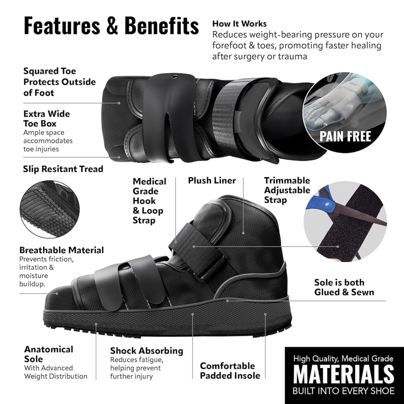 High Medical Shoe Closed Toe, Size L, Walking Boot & Foot Brace, Post Op/Orthopedic Boot for Injured Foot for Men and Women Black X-Large