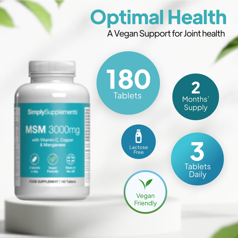 MSM 3,000mg | with Added Vitamin C | Supports Healthy Joints, Skin, and Immune Function | Vegan & Vegetarian Friendly | Made in The UK Unflavoured 1 count (Pack of 180)