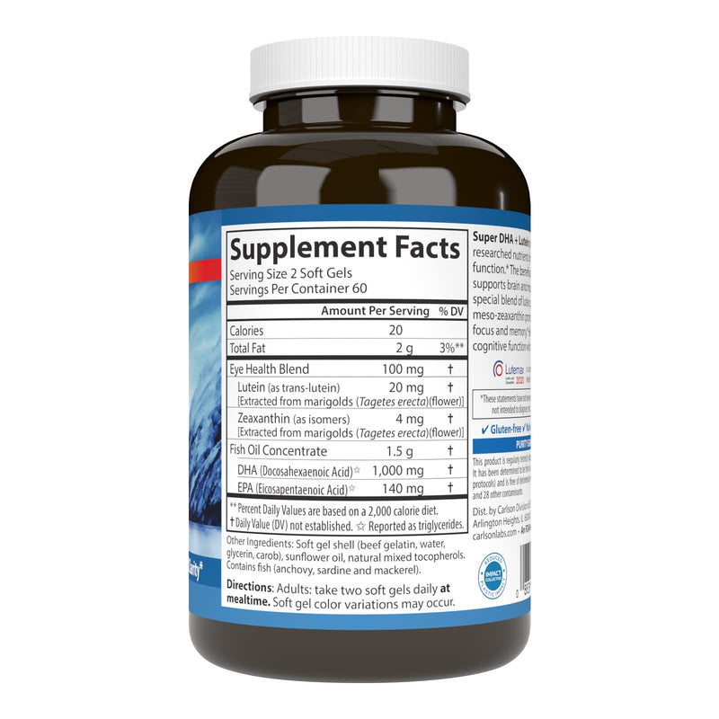 [Australia] - Carlson - Super DHA Plus Lutein, 1000 mg DHA + 20 mg Lutein, 120 Softgels 