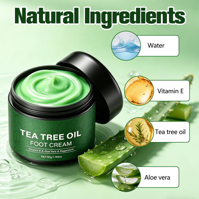 Tea Tree Oil Foot Cream 50g, with Vitamin E, Aloe Vera & Peppermint, Nourishing & Hydrating Foot Balm for Dry Feet Care, Travel-Size Foot Care Products (2PCS)