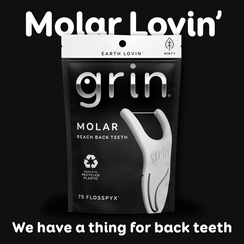 [Australia] - GRIN Molar Flosspyx, Floss Picks, 75 Count, Dental Flossers, Minty Flavor, Recycled Plastic, Great for Reaching Back Teeth, Slide Easily Between Teeth, Includes Safe Soft Fold-Back Tooth Pick 75 Foot (Pack of 1) 