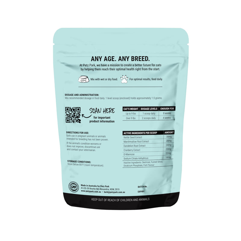 Urinary and Kidney Powder Supplement for Cats - Cranberry, Nettle Seed, D-Mannose for Cat UTI Treatment, Urinary Tract Health, and Kidney Care - Fast UTI Relief & Prevention - 60 Scoops - PawsPlanet Australia