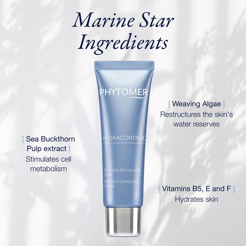 Phytomer Hydracontinue Radiance Energizing Face Moisturizer (50 ml) | Lightweight Daily Cream Provides Restoring Moisture to Dry Skin, With Weaving Algae, Sea Buckthorn, & Vitamins B5, E, F