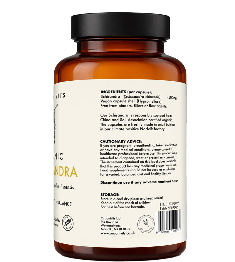 Organic Schisandra Capsules | 500mg Organic Schisandra chinensis Berry | Adaptogenic Botanical for Balance & Clarity | 100% Pure Berry | Vegan Capsules | Soil Association Certified Organic