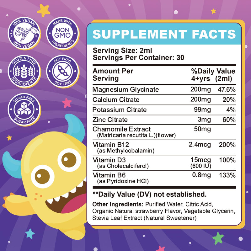 Magnesium Glycinate Liquid for Kids – Liquid Magnesium Glycinate with Zinc, Chamomile, Vitamin B12, B6, D3 – Calm Drops for Sleep, Relaxation, Calm & Focus –Strawberry Flavor, 4 Fl Oz Strawberry 4 Fl Oz (Pack of 1)