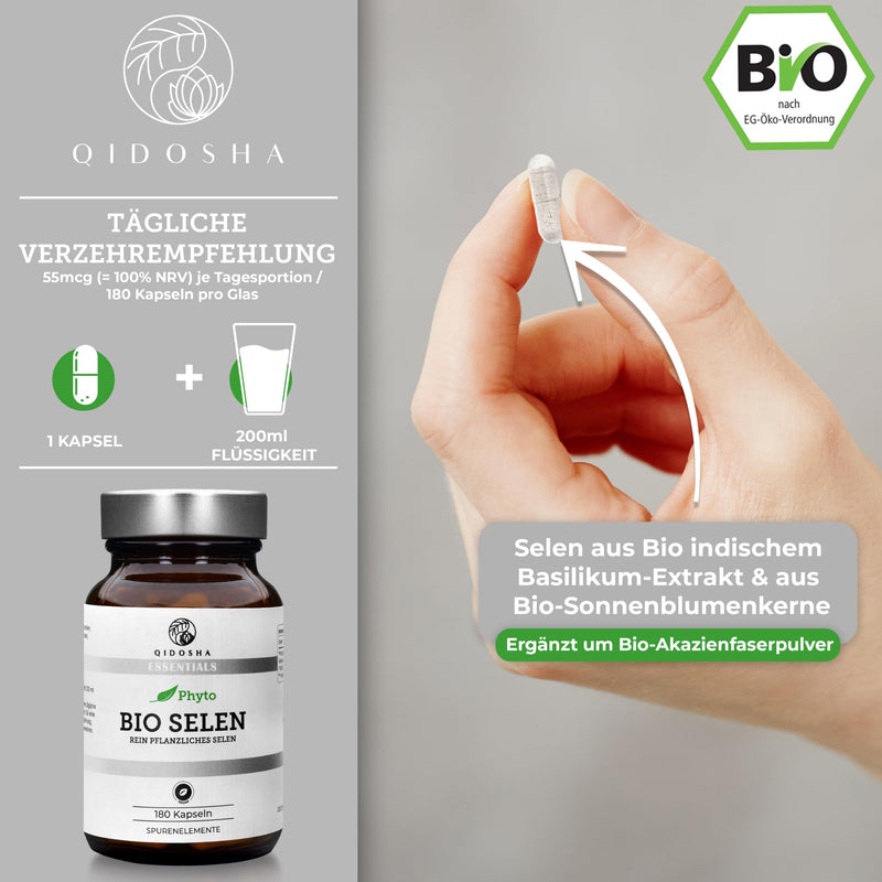[Australia] - QIDOSHA® organic selenium high dose, 180 capsules, 55 mcg (100% NRV) vegetable selenium per capsule made from organic Indian basil and organic sunflower seeds, selenium methionine, supplemented with organic acacia fiber 