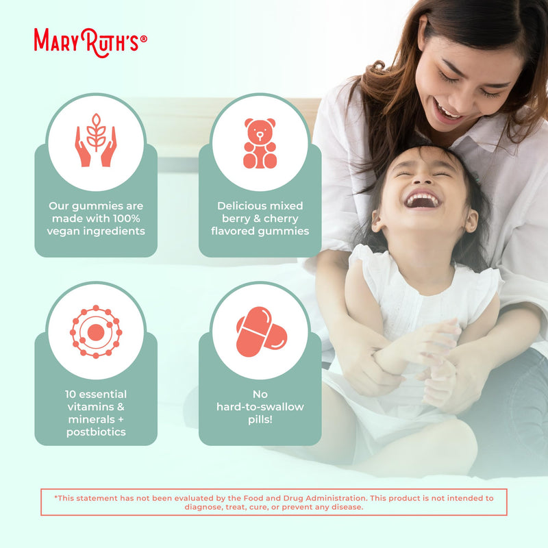 MARYRUTH'S Organic Toddler Multivitamin Gummies + Postbiotics, 60 Servings | USDA Organic, For Kids Ages 2+, Immune Support, Vitamin C, D3, A, Zinc, Vegan, Non-GMO