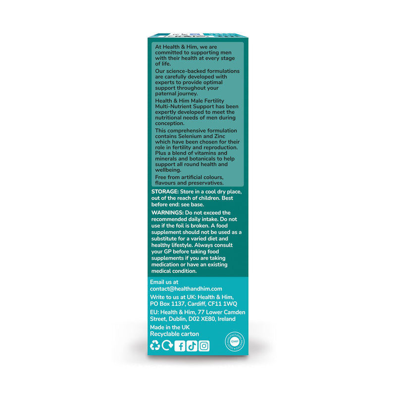 Health & Him Male Fertility Multi-Nutrient Support - Conception Vitamins for Men - Contains Selenium, Zinc & Ashwagandha - 60 Capsules - 30 Day Supply - Vegan & Gluten Free 60 count (Pack of 1)