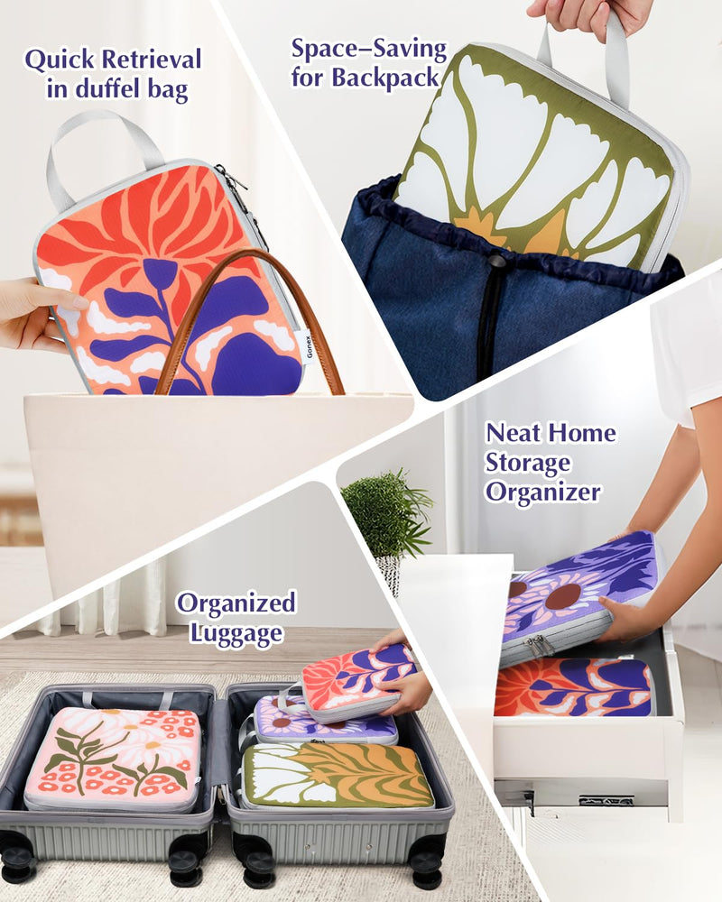 Gonex 6-Piece Compression Packing Cubes with Shoe & Laundry Bags | Floral Pattern, Ripstop Fabric, Double-Zip Compression, Carry-On Friendly, Lightweight Flowers 6 Set