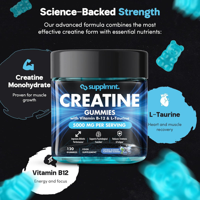 Supplmnt. Creatine Gummies 5000mg Lab-Tested 120ct Max Strength Muscle Growth/Recovery Supplements for Men & Women Creatine Monohydrate B12 & L-Taurine Vegan Gym Pre Workout Gummies, Blueberry