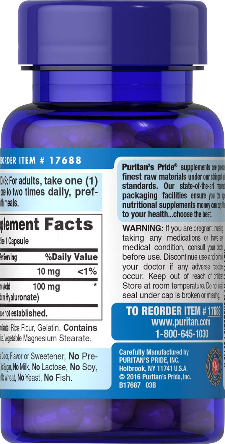 [Australia] - Puritans Pride Hyaluronic Acid 100 mg Capsules, 60 Count 60 Count (Pack of 1) 