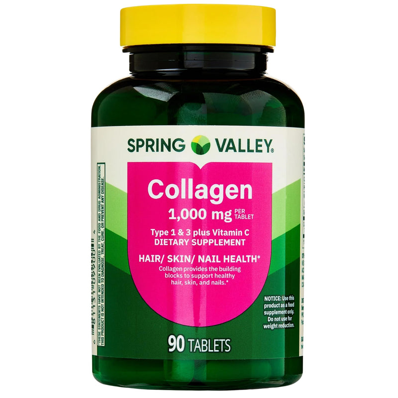 Collagen Type 1 & 3 Plus Vitamin C Hair Skin Nails Health Dietary Supplement Tablets, 1,000 mg, 90 Count by Spring Valley (Pack of 1)