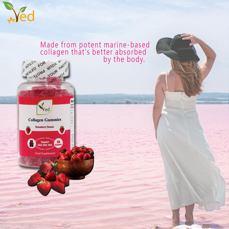 Ved Collagen Gummie Chew Gummies Strawberry Flavour, Raw Unfiltered Collagen Gummies with Vitamin C, Vitamin E, Health Supplement for Men and Women- 60 Chews 30 Days’ Supply