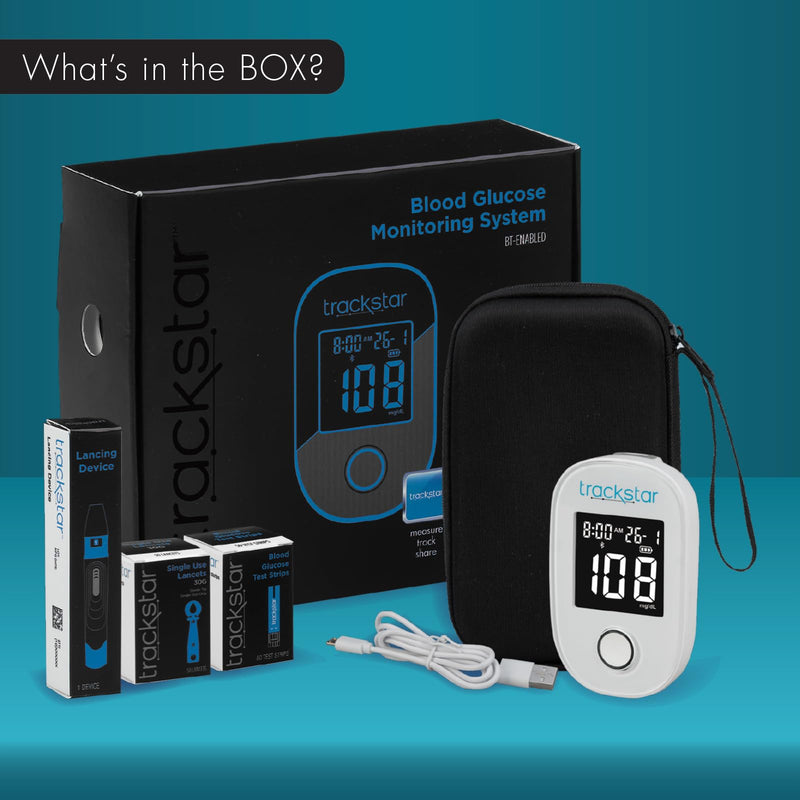 Trackstar Blood Glucose Kit | Monitor, Strips, Lancets, Lancing Device | Trackstar Monitoring App | Bluetooth iOS & Android Compatible | Measure, Track, and Share Results