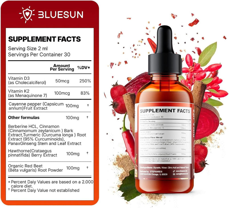 Cayenne Pepper Drops with Hawthorn Berry & Beet Root - Liquid Turmeric Curcumin, Vitamin D3 + K2 - Made in USA Herbal Supplement - Daily Wellness Formula - 2 Fl Oz (60ml)