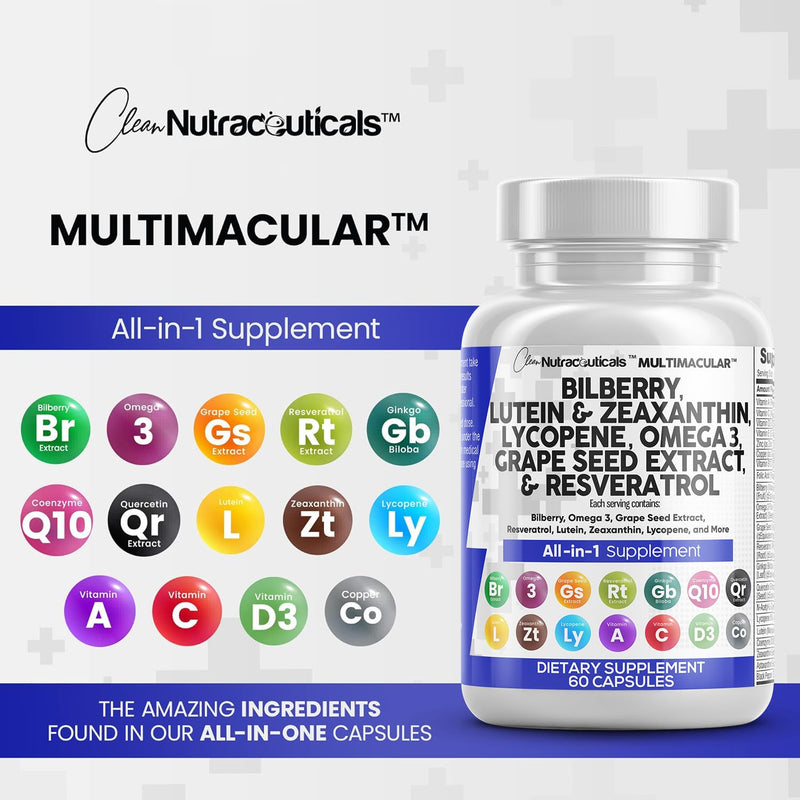 [Australia] - Eye Health Vitamins with Bilberry 6000mg Lutein & Zeaxanthin 40mg Lycopene 40mg Resveratrol 3000mg Grape Seed Extract 6000mg Omega 3 4000mg Astaxanthin - Eye Vitamin - 60 Capsules 