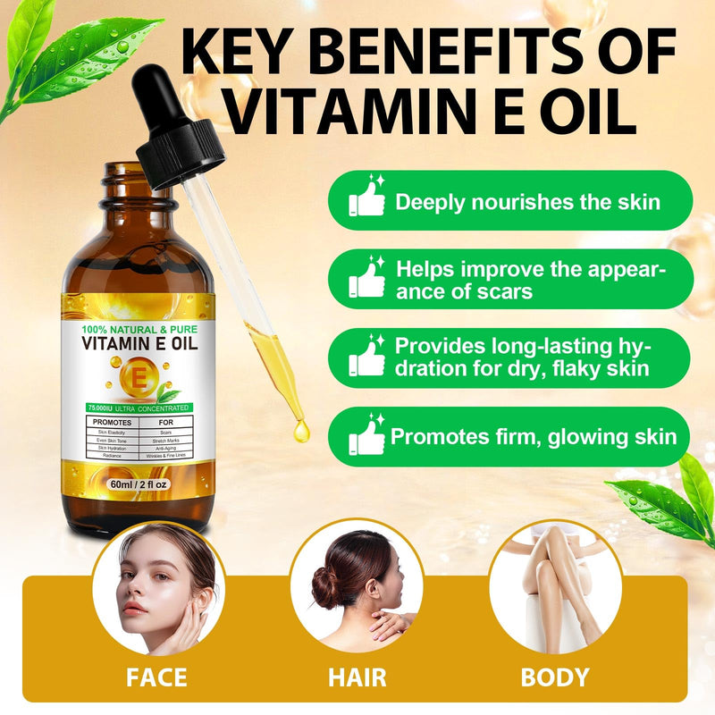 Meifenla Vitamin E Oil for Skin,75,000 IU Pure Vitamin E Oil for Face, Hair,Nail & Body Tightening Plump Skin,Reduce Fine Lines & Scars,Non-GMO 2 Fl Oz (Pack of 1) Golden