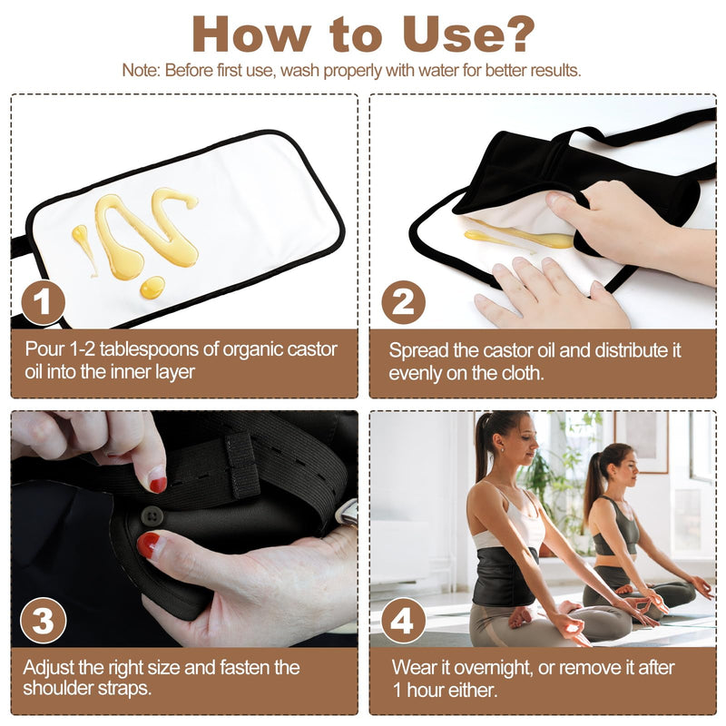 [Australia] - Organic Castor Oil Pack Wrap - Reusable Castor Oil Compress Wrap Kit with Adjustable Elastic Shoulder Straps - Organic Flannel Castor Oil Packs - Waterproof & Oil-Proof - Machine Washable Black 