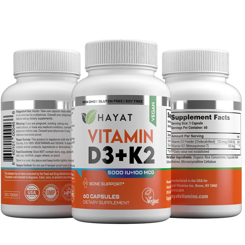 HAYAT Vitamins Vegan Vitamin D3+K2 (5000 IU + 100 MCG), Dietary Supplement for Bone, Teeth, Muscle and Immune Health Support, 2 Month Supply, Certified Halal, 60 Capsules, Made in The USA