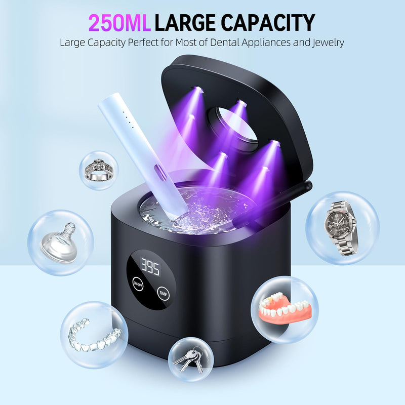 [Australia] - TEBAL Ultrasonic Retainer Cleaner Machine, 52kHz Ultrasonic Denture Cleaner for Night Guards, Braces, Toothbrush Heads, Jewelry and More, Ultrasonic Cleaner for Retainers with 250ML Capacity, Black 