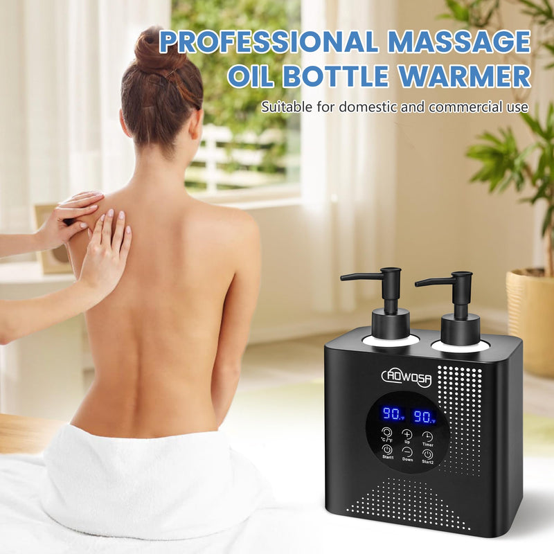[Australia] - Massage Oil Warmer Double Bottle Professional Electric Lotion Digital Heater for SPA, Portable Oil Warmer Heated Cream for Beauty Salon Home, with ℃/℉ Switchable Display, Four Dispenser Bottle 