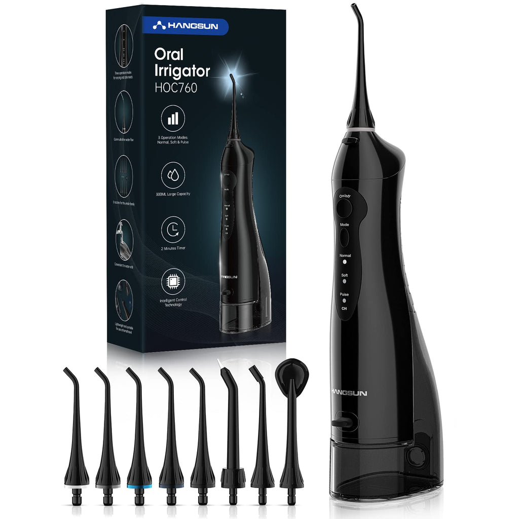 Water Flossers for Teeth Cordless Portable Dental Oral Irrigator HOC760 300ML Rechargeable IPX7 Waterproof Water Teeth Cleaner Picks for Home Travel with 8 Jet Tips Black