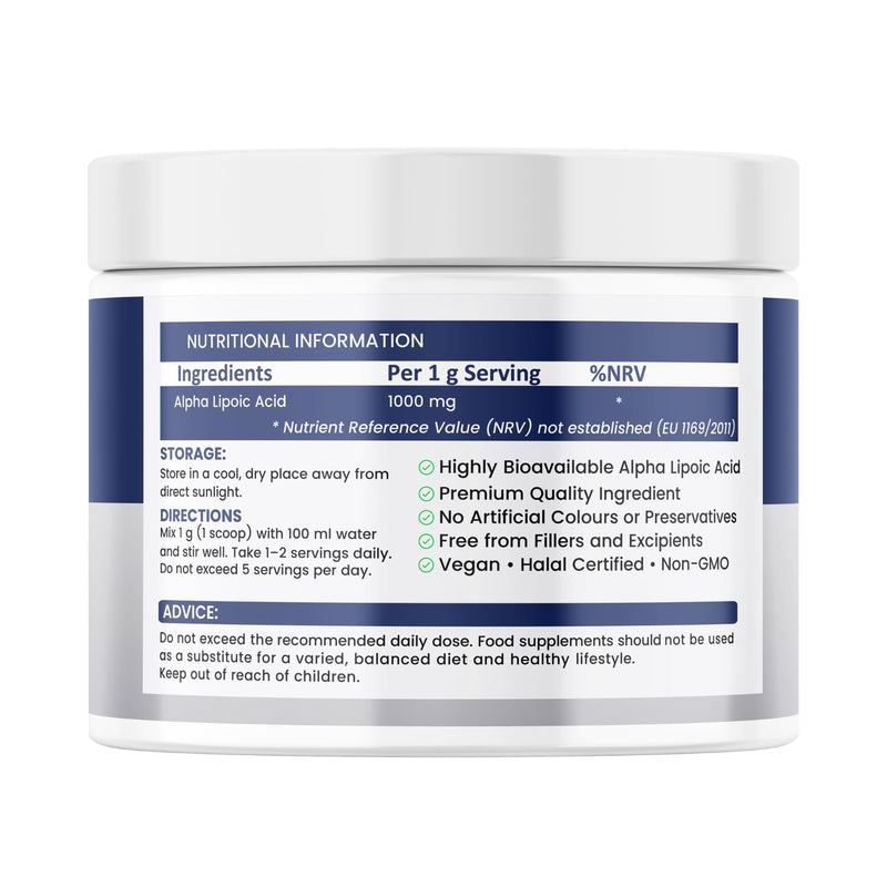 Alpha Lipoic Acid Powder 100g | 1000mg Per Serving | High Purity ALA | Antioxidant & Energy Support | Vegan | Halal Certified | Non GMO | GMP Manufactured