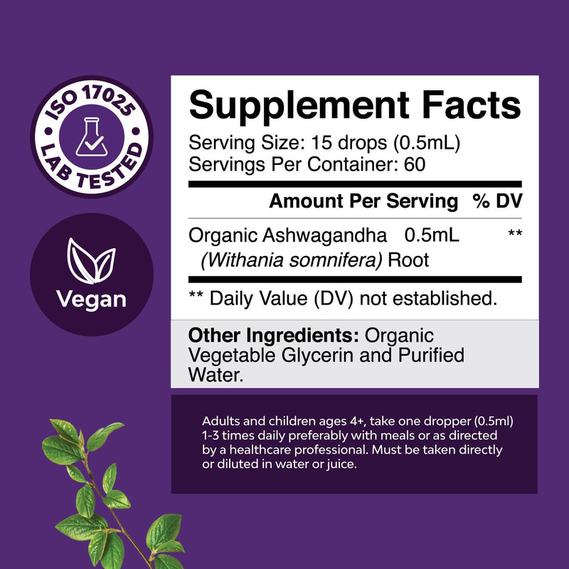 [Australia] - USDA Organic Ashwagandha Liquid Drops - Vegan Liquid Ashwagandha Root Extract for Energy Stress and Mood Support - Tasty Adaptogenic Pure Ashwagandha Tincture for Adults & Kids Non-GMO & Alcohol Free 60 Servings 