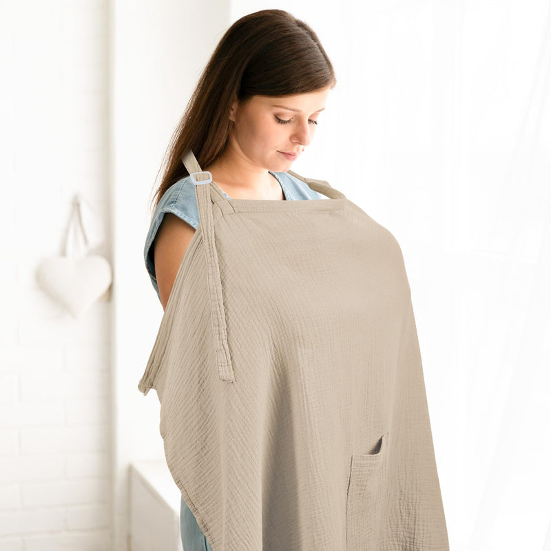 [Australia] - Cherub Muslin Nursing Cover for Breastfeeding, Breastfeeding Cover with Pocket Design & Carrying Bag, Soft Nursing Poncho, Baby Stroller Cover (Light Color) Light Color 