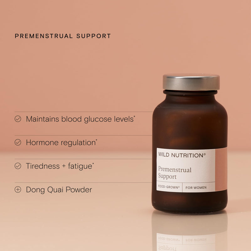 WILD NUTRITION Food-Grown Premenstrual Support | Premenstrual Supplements to Support Mental Resilience & Hormone Balance for Women | Ashwagandha, B6, & Zinc | PMS Supplements for Women | 60 Capsules