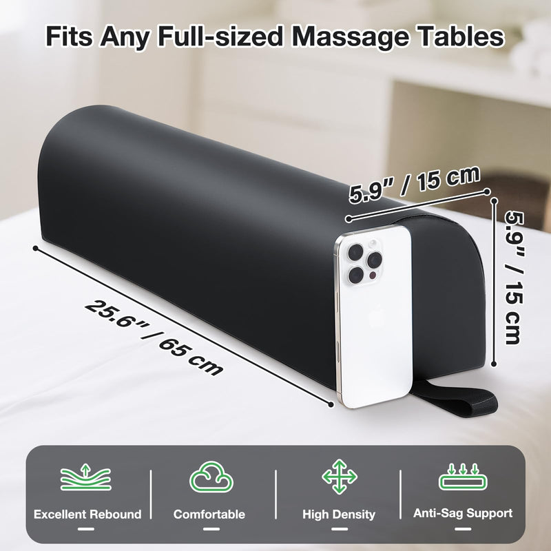 [Australia] - Noverlife 3/4 Round Massage Table Bolster Pillow with Strap Handle, 26 x 6 x 6 in PU Leather Massage Bolster for Under Legs, Cozy Positioning Support Pad for Knee Neck Back Pain Relief - Black 