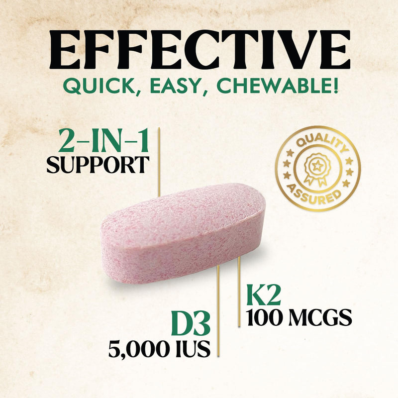 Vitamin D3 K2 Supplement | 5000 IU D3 + K2 100 mcg | MK-7 K2 with Vitamin D | Supports Immune, Heart, Teeth & Bone Health - Nature's Easy to Chew, VIT D3 K2, Non-GMO, Tasty Berry Flavor - 120 Tablets 120 Count (Pack of 1)