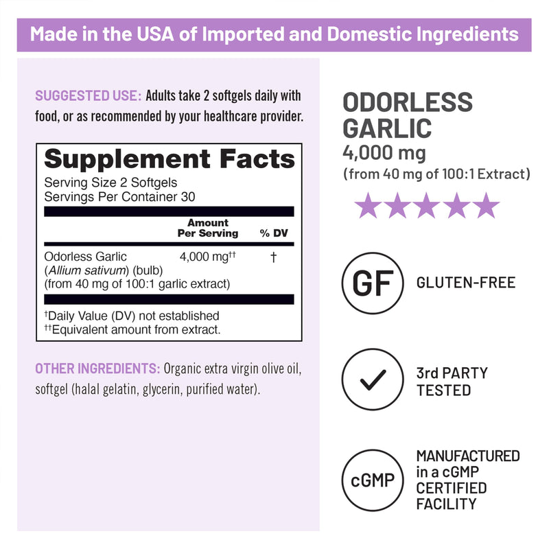 [Australia] - NatureWise Odorless Garlic Supplement 4000mg - Ultra Potent 100:1 Extract - Healthy Cholesterol Formula, Heart Health Support - Non-GMO, Gluten Free, with Halal Gelatin - 60 Count[30-Day Supply] 60 Count (Pack of 1) 