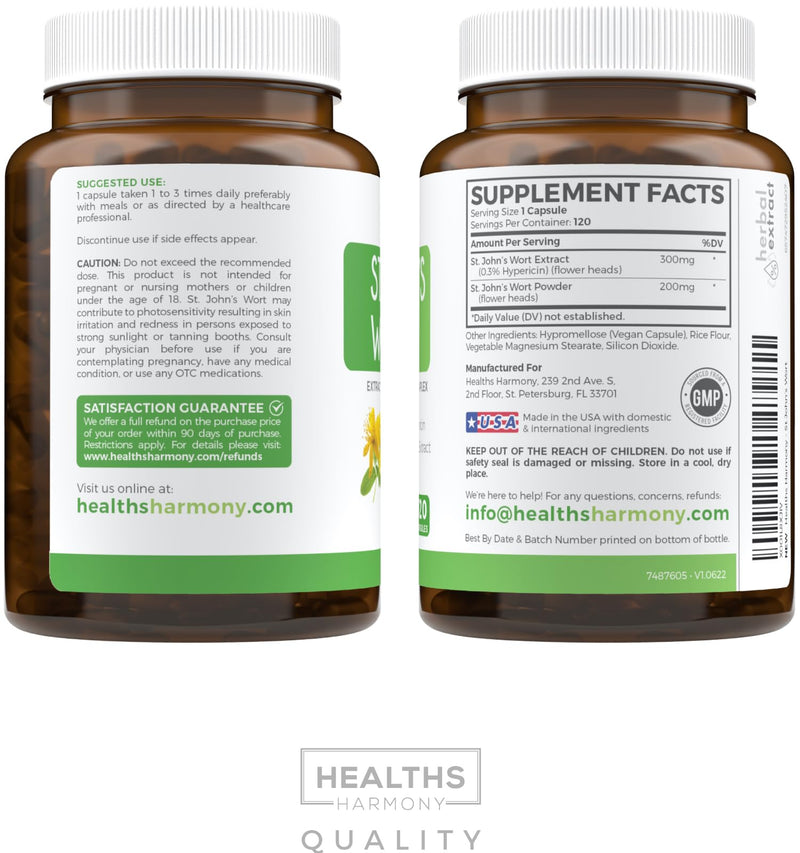 [Australia] - St. John's Wort - 120 Capsules (Non-GMO) Effective St Johns Wort Capsules - Powerful 900mcg Hypericin - Standardized Extract & Whole Herb Supplement - No Oil, Pills, Tea, Tincture - 500mg Per Capsule 120 Count (Pack of 1) 