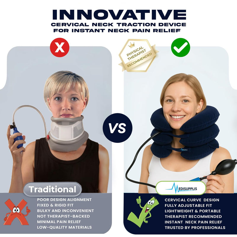[Australia] - Inflatable Neck Stretcher for Instant Neck Pain Relief Chiropractor Recommended, Adjustable Cervical Neck Traction Device for Pinched Nerve Neck Relief Adjustable (S,M,L) Navy Blue 