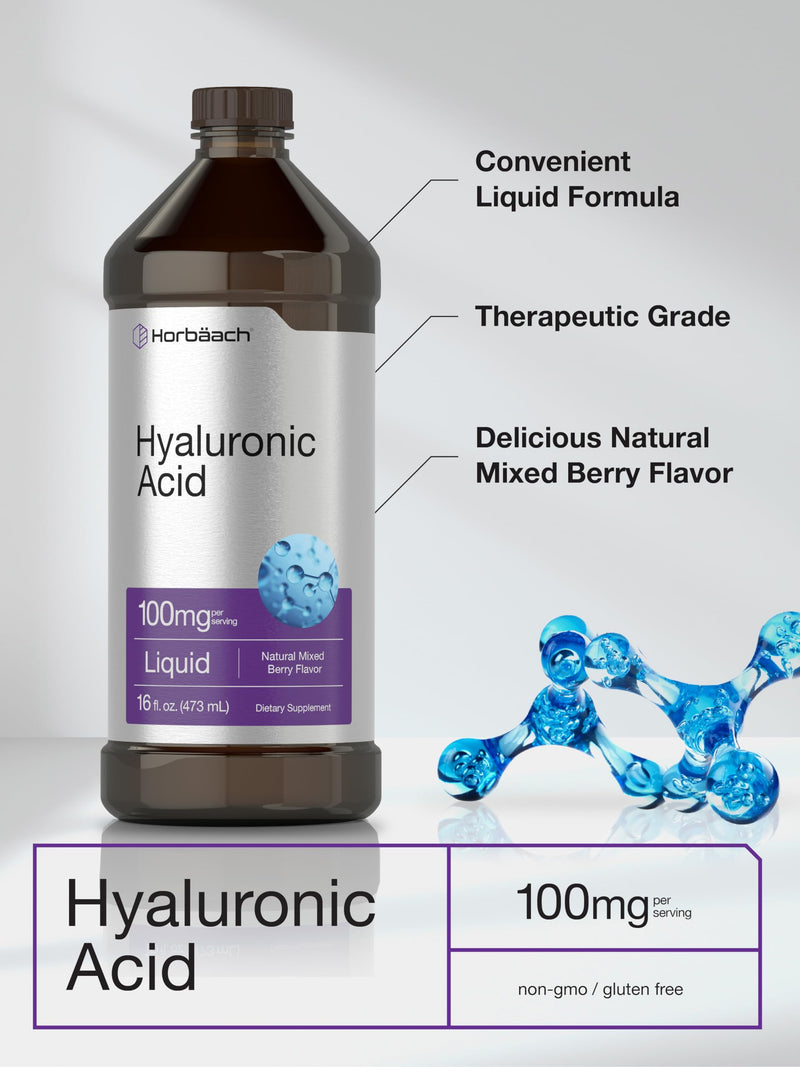 Horbäach Liquid Hyaluronic Acid Supplement | 100 mg | 16 oz | Mixed Berry Flavor | Non-GMO and Gluten Free Formula