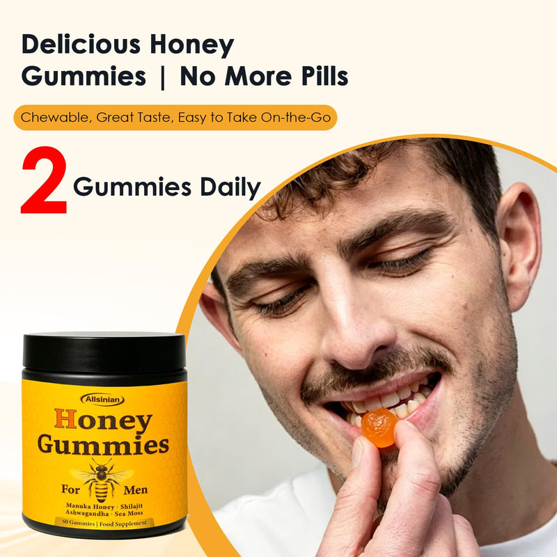 Men’s Manuka Honey Gummies, with Shilajit, Ashwagandha, Sea Moss, Improves Endurance, Lowers Cortisol, Reduces Fatigue, Vegan, Non-GMO (60 Gummies)