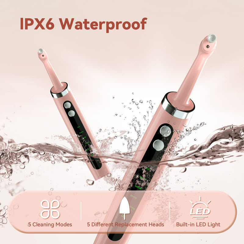Tooth Polisher,Electric Tooth Polisher Professional with 5 Replacement Heads & 5 Cleaning Modes,USB Rechargeable,Ipx6 Waterproof, Pulidor De Dientes Electrico for Adults & Kids Pink