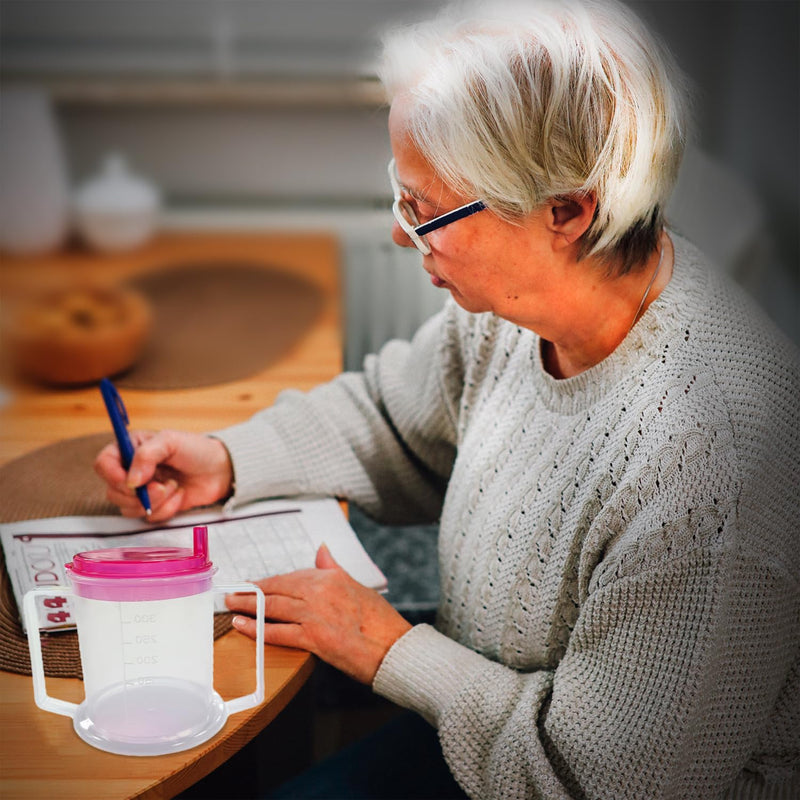 Adult Drinking Cup 350ML Beaker with Handles & Anti Spill lids for Disabled Adults Dishwasher and Microwave Safe BPA, PVC and Latex Free Pink