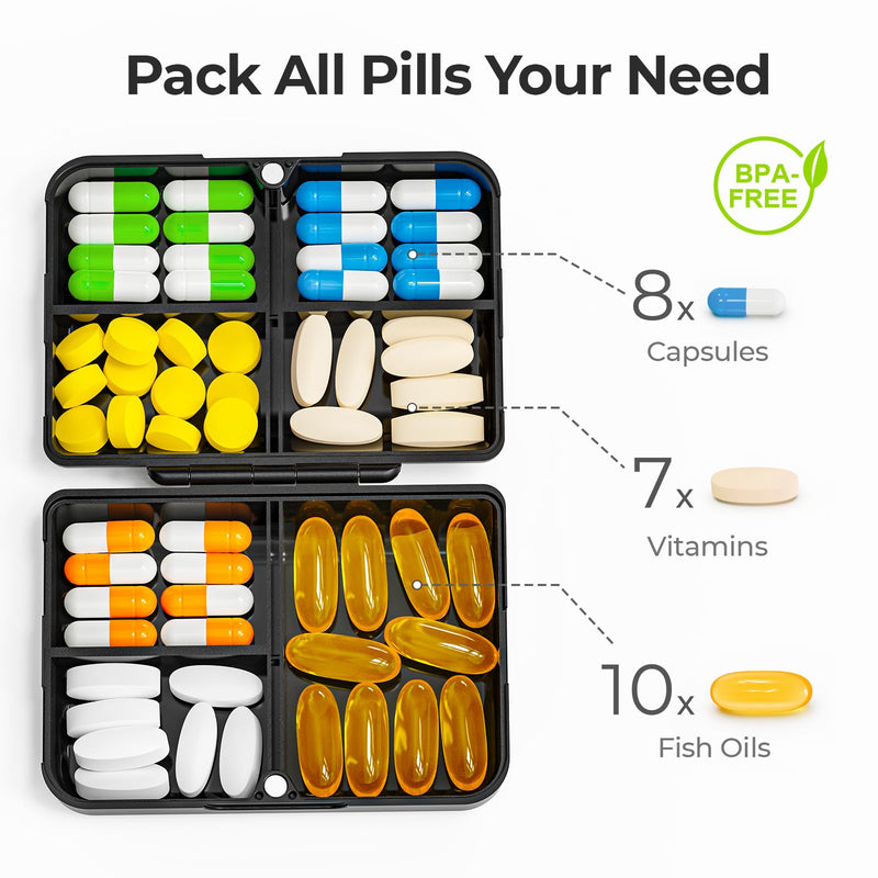 AUVON Compact Pill Organizer with Magnetic Folding Closure, 7 Large Cells | Portable Travel Pill Case Fit for Purse or Pocket, Pill Box for Fish Oils, Supplement, Vitamins, Long-Lasting Hinges, Black Dark Black