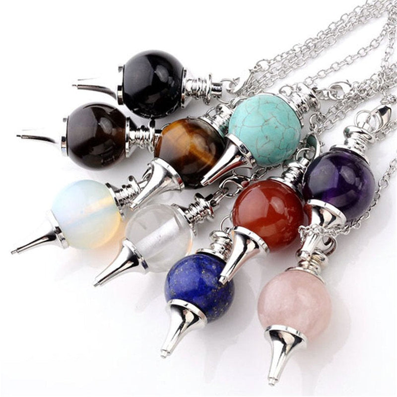 Jovivi 10pcs Beautiful Crystal Pendulums Dowsing Chakra Pendant With Chain,Natural Amethyst Rose Quartz Tiger Eye Obsidian Lapis Lazuli Turquoise Gemstone Reiki Pendant Pendulum Mixed 10pcs