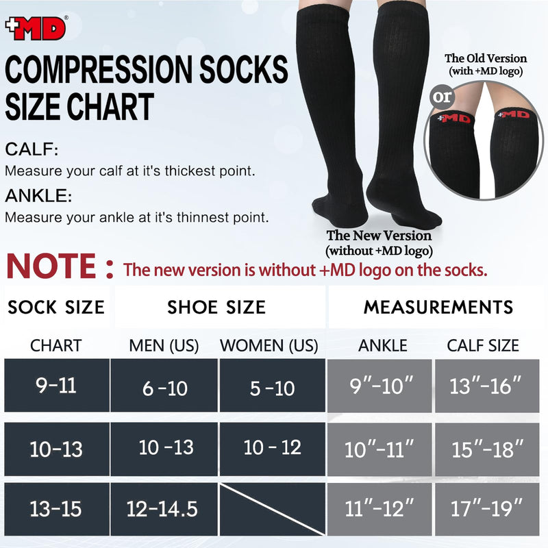 +MD Cotton Compression Socks for Women and Men 4/6 Pairs 8-15/15-20 mmHg Knee High Socks for Sports Travel Nurse Edema 4 Pairs Black Cushion 15-20mmhg 10-13