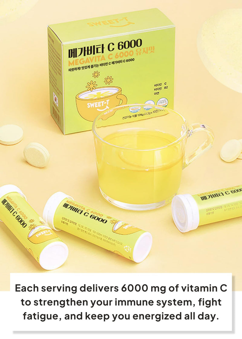 Korean Food Everteen MegaVita C3000 Effervescent Drink, Citrus, 10Tabs x3PK | Citrus-flavored effervescent beverage tablets with 3 packs of 10 tablets each Yuzu (30 Counts)