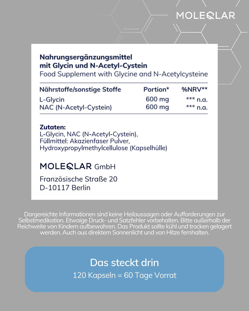 [Australia] - MoleQlar GlyNAC capsules 120 pieces - 600mg glycine & 600mg NAC (N-acetyl-cysteine) per serving - glutathione precursor complex - vegan & gluten-free - certified in DE 