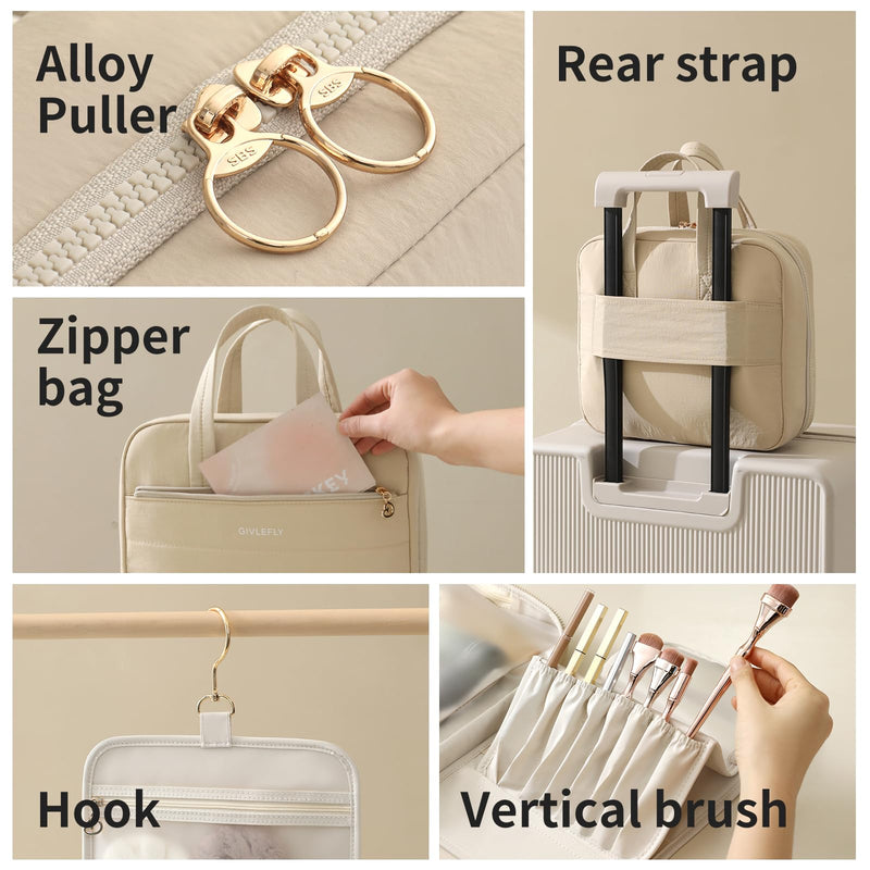 GIVLEFLY Luxury Hanging Makeup Bag for Women, Large 4-Layer Foldable Waterproof Cosmetic & Skincare Organizer with Handle, Fits Suitcase & Train Seat for Travel（beige） Beige