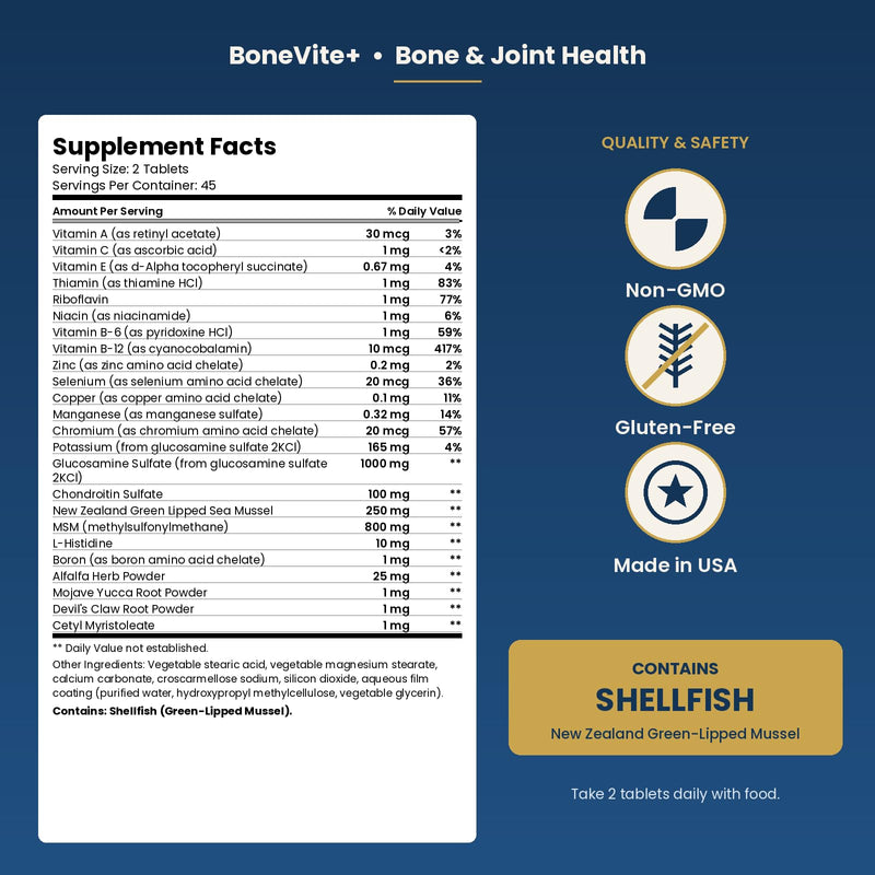 BoneVite+ Glucosamine Chondroitin MSM - Bone & Joint Wellness with Green Lipped Sea Mussel, Devil's Claw & Boron - Knee Hip Back Wellness - Non-GMO Gluten Free - 90 Tablets