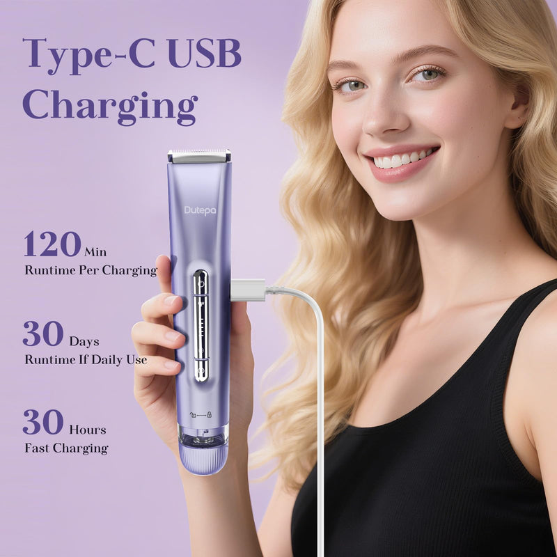 [Australia] - 2-in-1 Electric Bikini Trimmer for Women, IPX7 Waterproof, Rechargeable Razor with Double-Edged Blade, Portable Hair Removal Shaver for Wet and Dry Use (Purple) Purple 