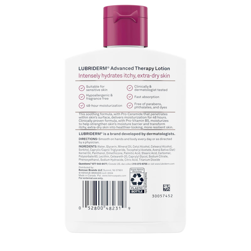 Lubriderm Advanced Therapy Hand & Body Lotion, Fragrance Free, 6 fl. oz | Moisturizing Lotion + Pro-Ceramide with Vitamins E & Pro-Vitamin B5, Intense Hydration for Extra Dry, Itchy & Sensitive Skin 6 Fl Oz (Pack of 1)