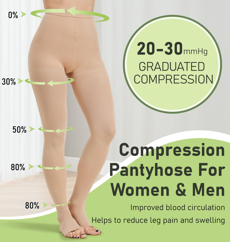 [Australia] - KEKING Medical Compression Pantyhose for Women & Men, Comfort 20-30 mmHg Graduated Compression Support Stockings, Open Toe Compression Tights for Varicose Veins, Edema, Flight, Beige L Large 20-30mmhg Open Toe Beige 
